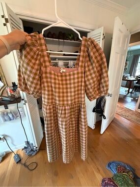 Madewell Gingham Puff Sleeve Midi Dress in Pink and Tan